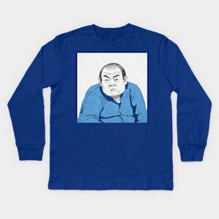 Old pensive asian man in blue shirt looking to side Kids Long Sleeve T-Shirt